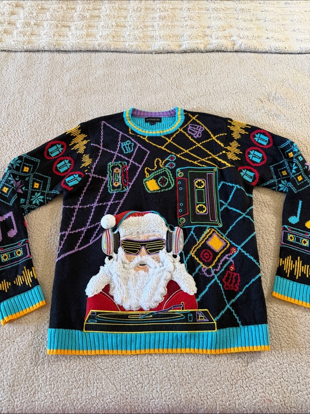 Blizzard Bay DJ Santa Graphic Crewneck Sweater Black Multi Graphic Large